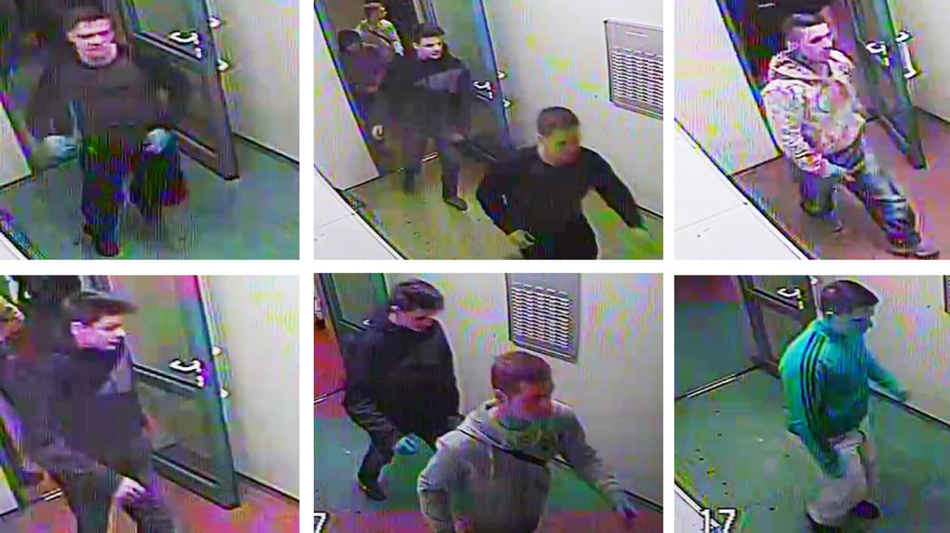 Video-Standbilder einer Überwachungskamera aus der Silvesternacht: Mit diesen Fotos sucht die Polizei nach den mutmaßlichen Tätern.