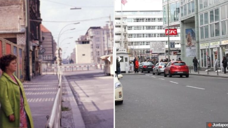 Der Checkpoint Charlie in Berlin: 1965 trennte an dieser Stelle noch ein Schlagbaum Ost und West-Berlin.
