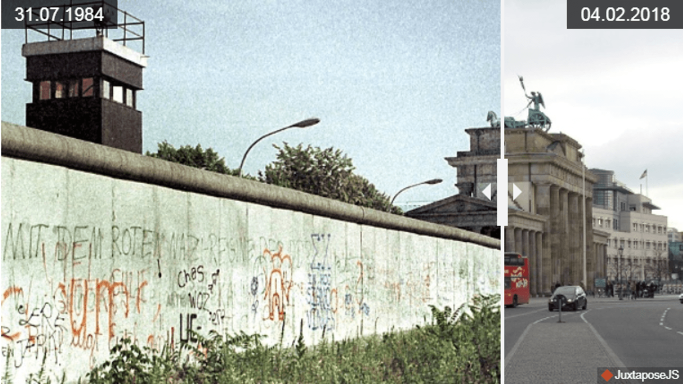 Die Mauer vor dem Brandenburger Tor im Jahr 1984: Fast 34 Jahre später sieht der selbe Ort völlig anders aus.