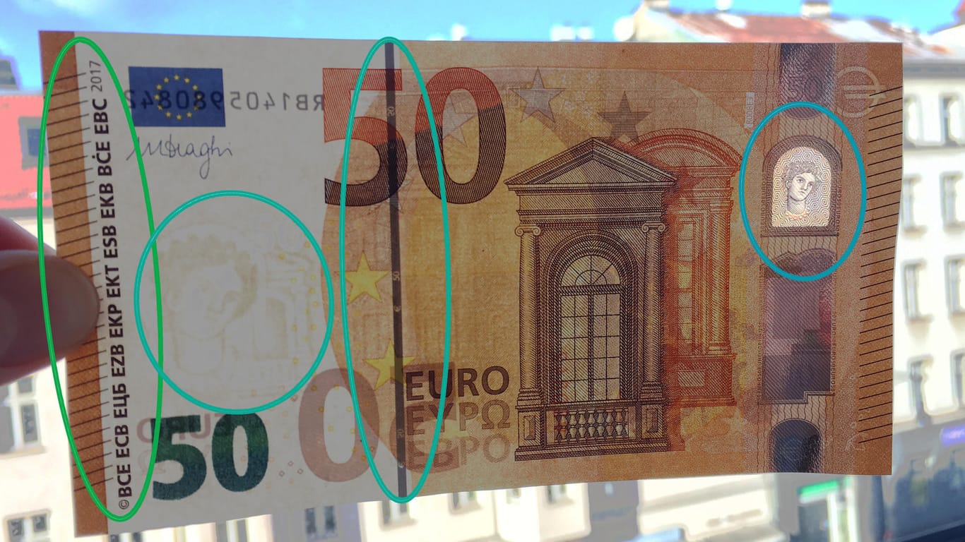 50-Euro-Schein der neuen Serie: Die verschiedenen Bereiche zum Fühlen (grün), Sehen (türkis) und Kippen (blau) durch die Falschgeld aufgedeckt werden kann.