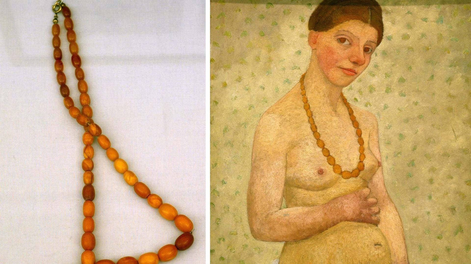 Nachlass der Künstlerin Paula Modersohn-Becker: Die Original-Bernsteinkette und das dazu gehörende Gemälde "Selbstbildnis am sechsten Hochzeitstag" vom 15. Mai 1906 sind Teil der Ausstellung "Paula Modersohn-Becker" im Museum in Bremen.