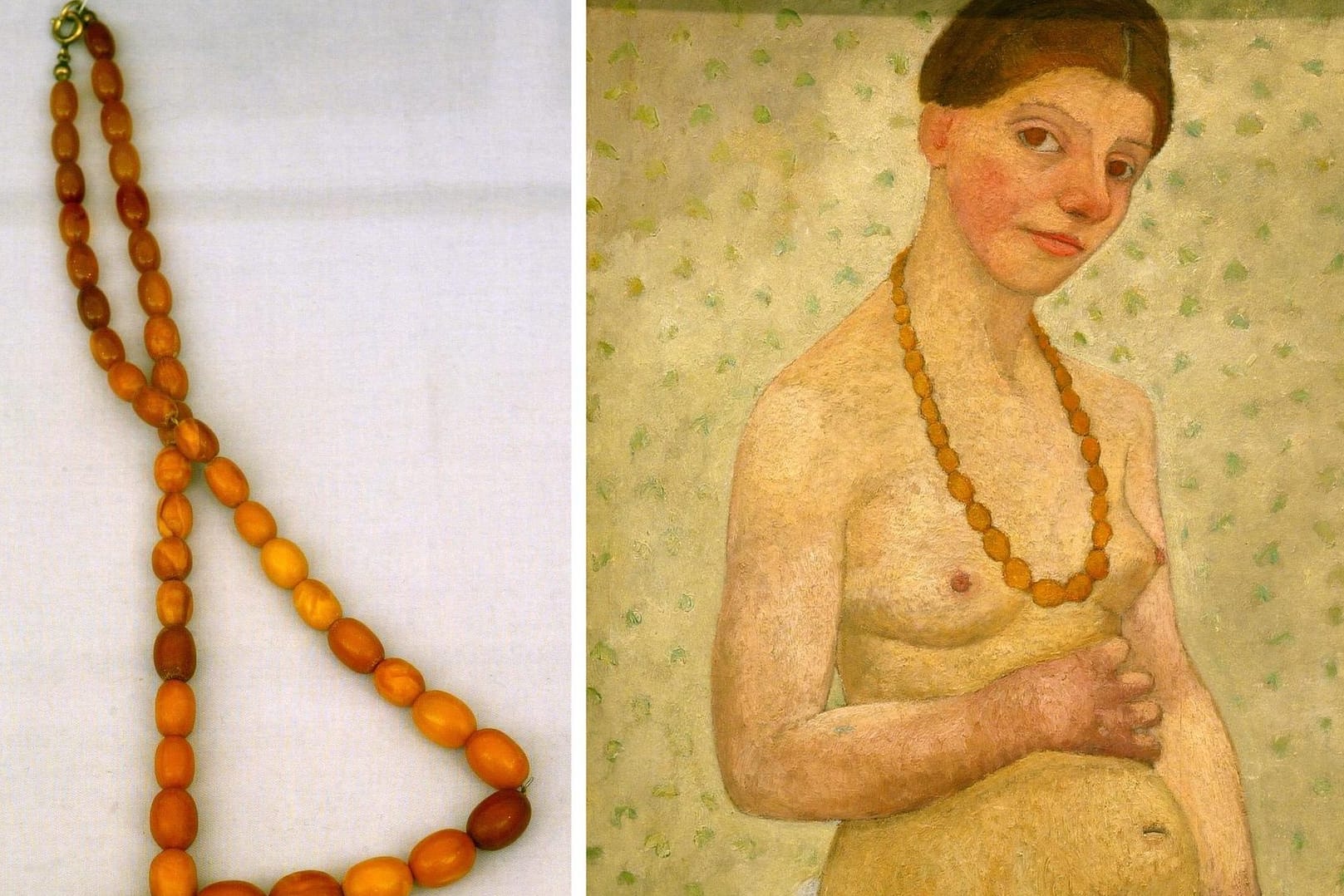 Nachlass der Künstlerin Paula Modersohn-Becker: Die Original-Bernsteinkette und das dazu gehörende Gemälde "Selbstbildnis am sechsten Hochzeitstag" vom 15. Mai 1906 sind Teil der Ausstellung "Paula Modersohn-Becker" im Museum in Bremen.