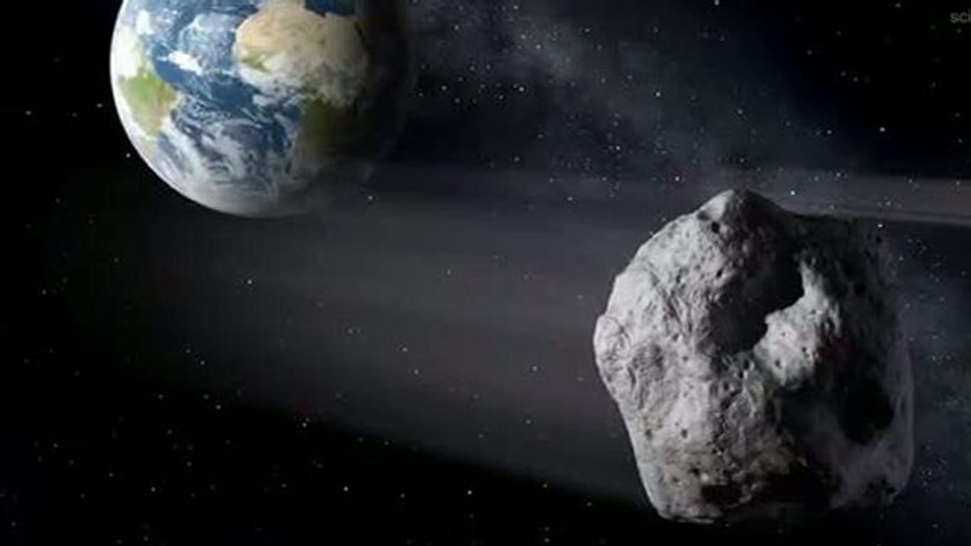 Künstlerische Darstellung eines erdnahen Asteroiden im Vorbeiflug.