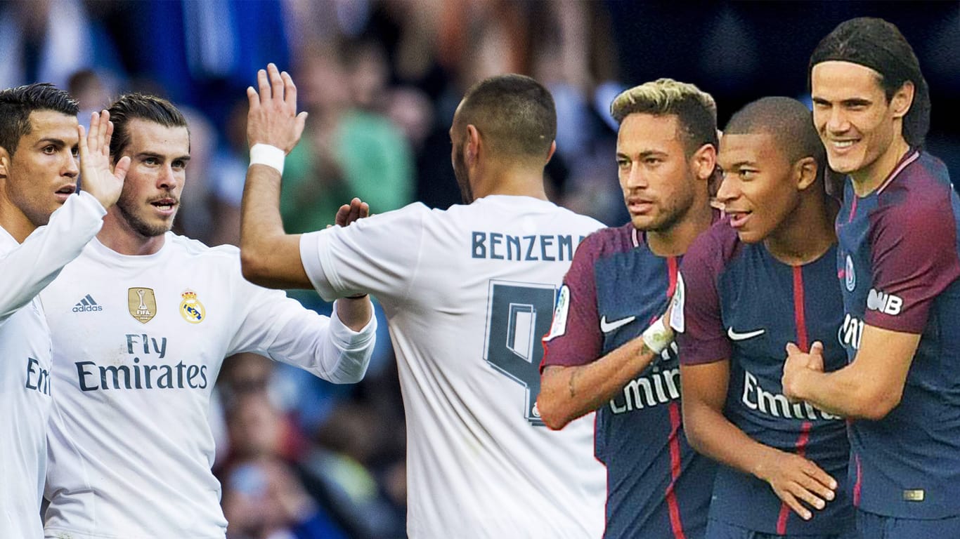 Die Sturmreihen von Real Madrid und Paris St. Germain: Ronaldo (v.l.), Bale, Benzema, Neymar, Mbappé und Cavani.
