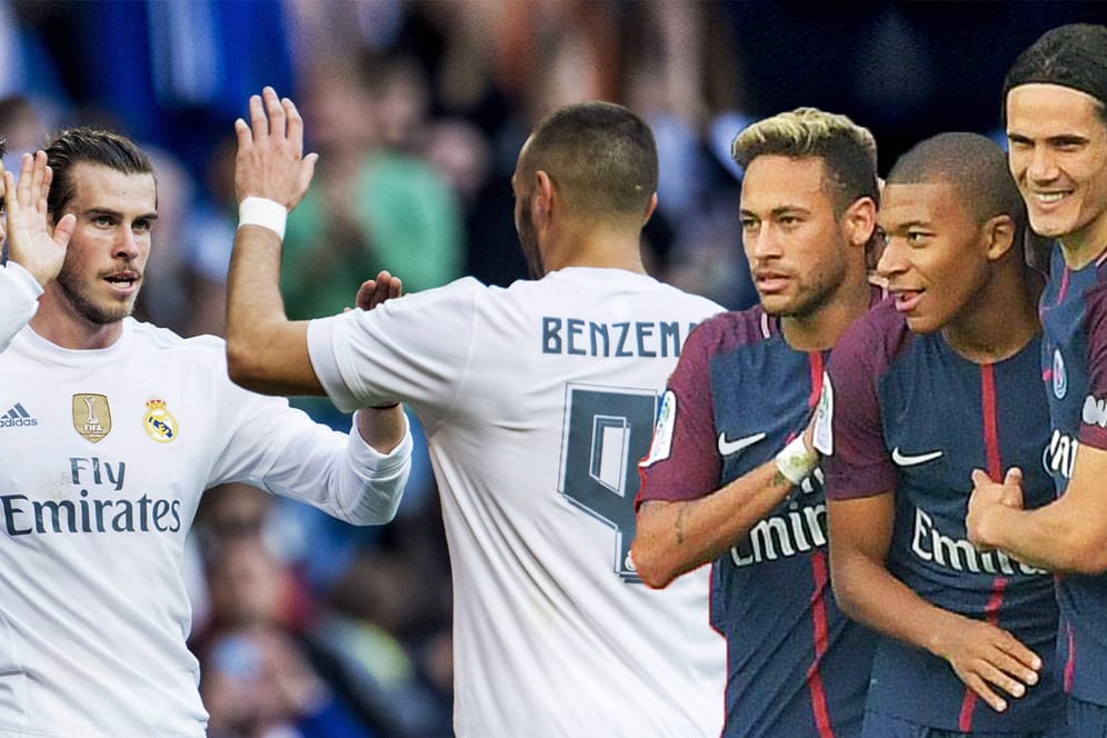 Die Sturmreihen von Real Madrid und Paris St. Germain: Ronaldo (v.l.), Bale, Benzema, Neymar, Mbappé und Cavani.