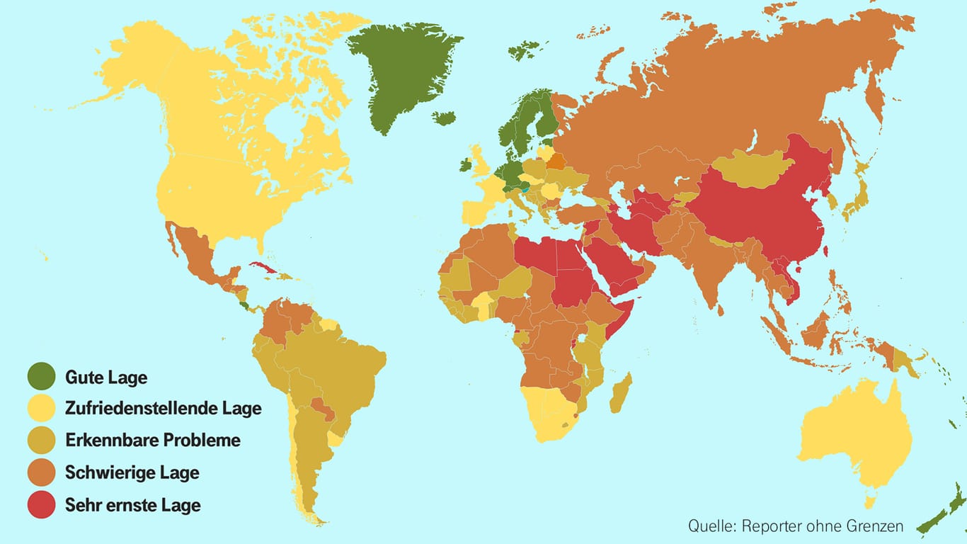 Weltkarte der Pressefreiheit: Grundlagen der Rangliste sind ein Fragebogen zu allen Aspekten unabhängiger journalistischer Arbeit sowie die von ROG ermittelten Zahlen von Übergriffen, Gewalttaten und Haftstrafen gegen Journalisten.
