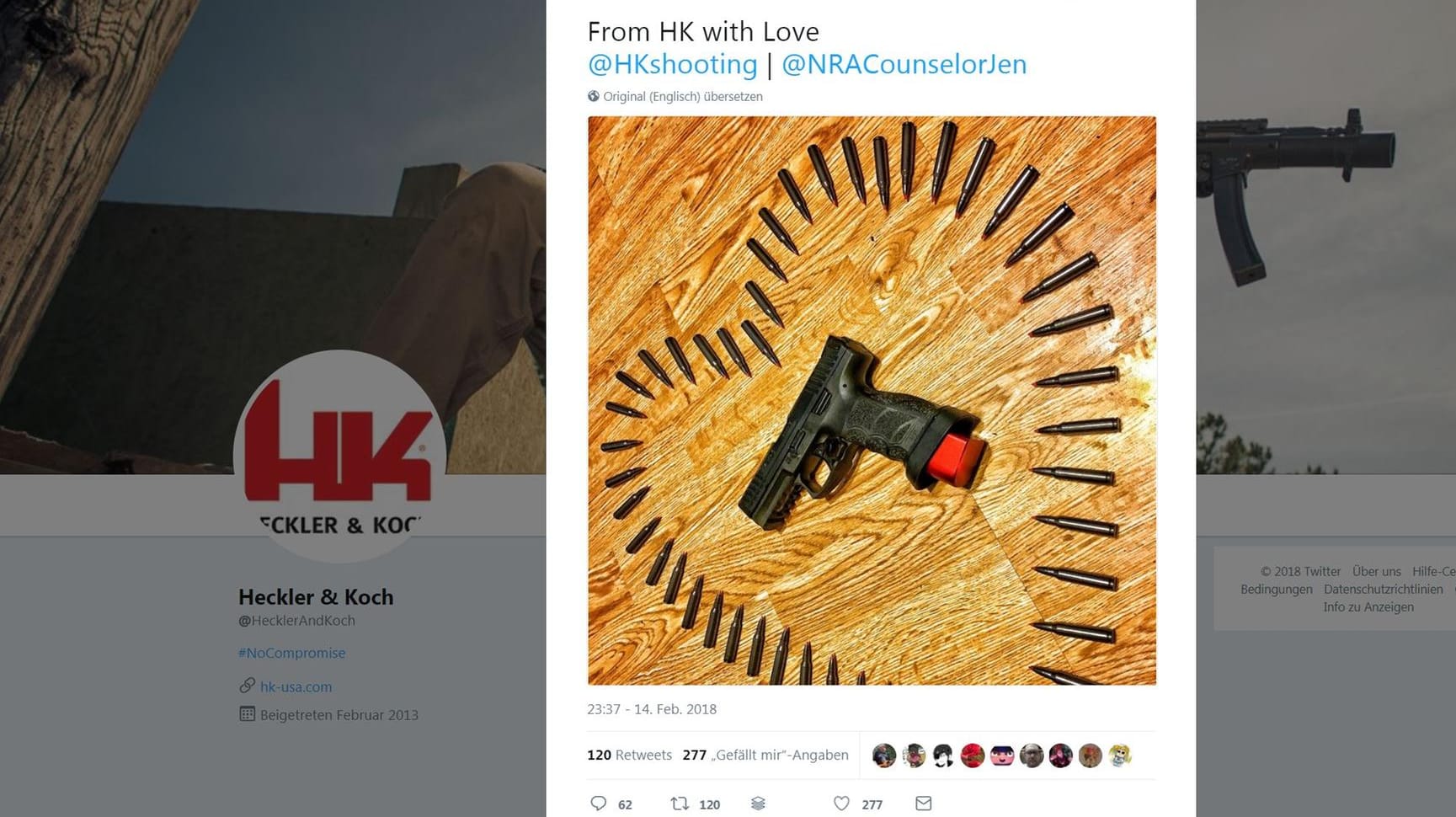 Peinlicher Tweet von Heckler & Koch: Patronen als Liebesgrüße, drei Stunden nach dem Amoklauf eines 19-Jährigen.