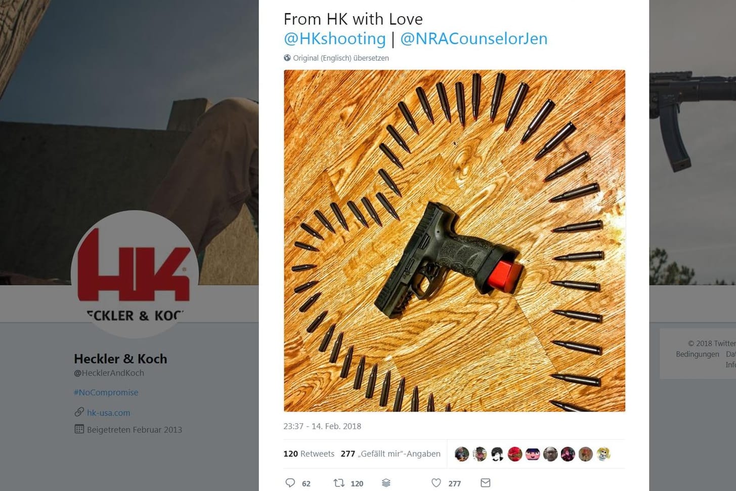 Peinlicher Tweet von Heckler & Koch: Patronen als Liebesgrüße, drei Stunden nach dem Amoklauf eines 19-Jährigen.