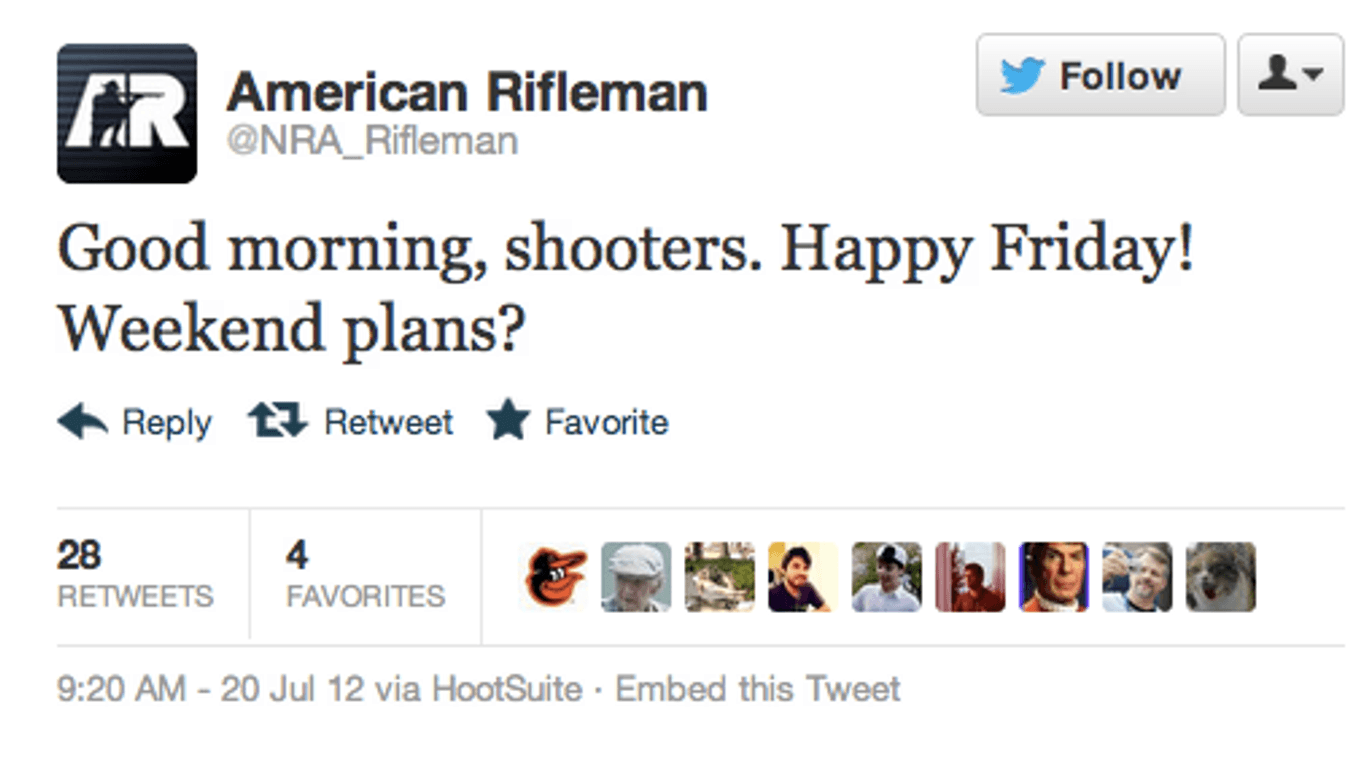 Ein Mitarbeiter der National Rifle Association hatte am Tag nach dem Amoklauf von Aurora diesen Tweet versendet.