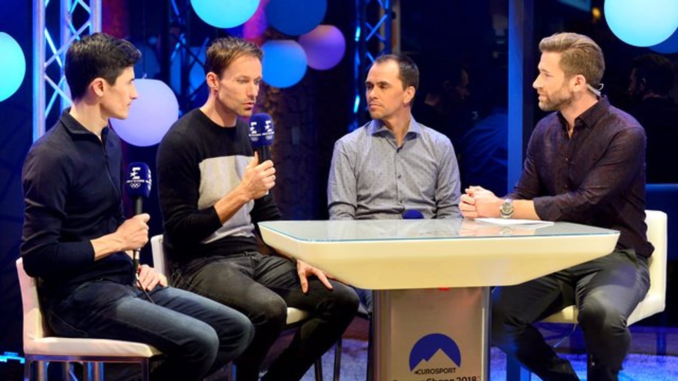 Expertenrunde bei Eurosport: Martin Schmitt, Sven Hannawald, Michael Greis und Moderator Sascha Kalupke (v.