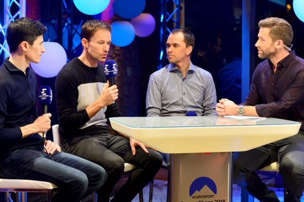 Expertenrunde bei Eurosport: Martin Schmitt, Sven Hannawald, Michael Greis und Moderator Sascha Kalupke (v.