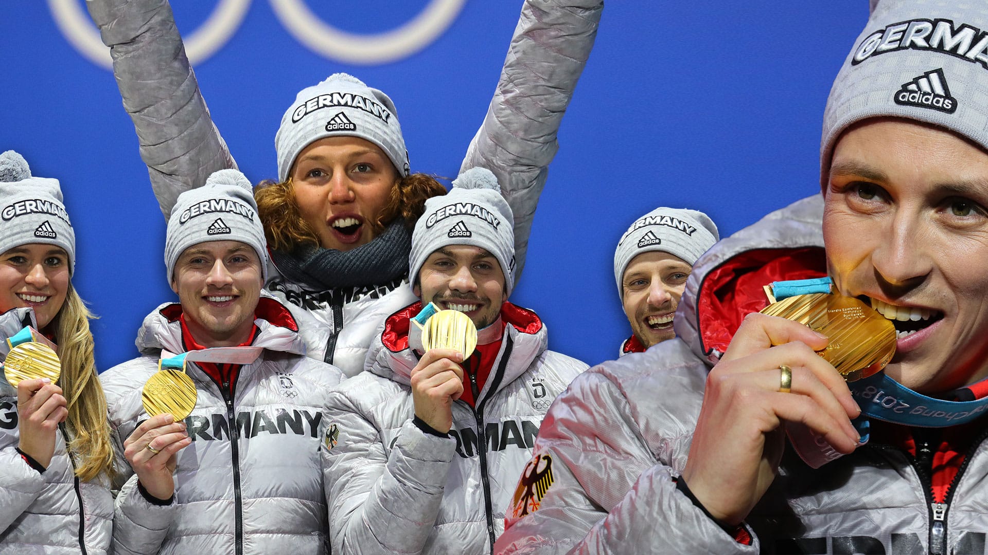 Deutsche Goldmedaillengewinner: Die Rodel-Teamstaffel um Natalie Geisenberger, Johannes Ludwig, Tobias Wendl und Tobias Artl, Kombinierer Eric Frenzel (vordere Reihe; von links) und Biathletin Laura Dahlmeier.