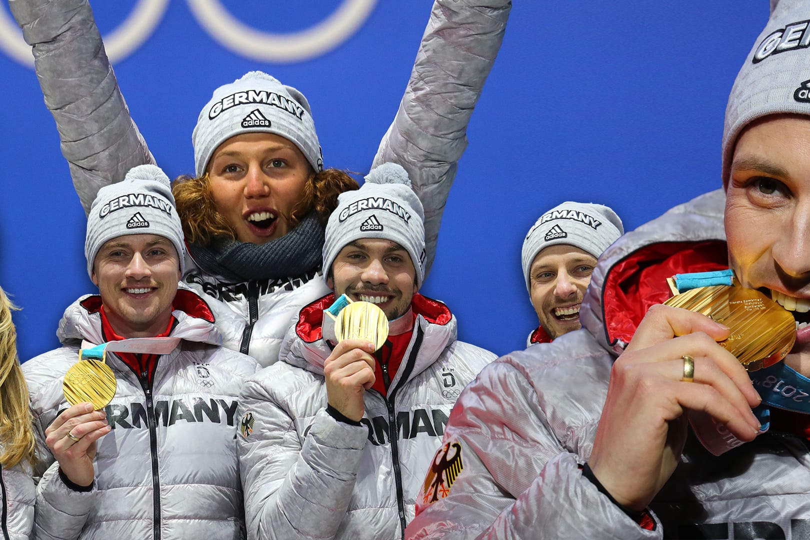 Deutsche Goldmedaillengewinner: Die Rodel-Teamstaffel um Natalie Geisenberger, Johannes Ludwig, Tobias Wendl und Tobias Artl, Kombinierer Eric Frenzel (vordere Reihe; von links) und Biathletin Laura Dahlmeier.