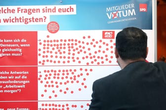 Ein SPD-Mitglied klebt einen Aufkleber auf eine Tafel, die Schwerpunktthemen der Sozialdemokraten verdeutlicht: Die Abstimmung der SPD-Mitglieder über die Groko hat begonnen.