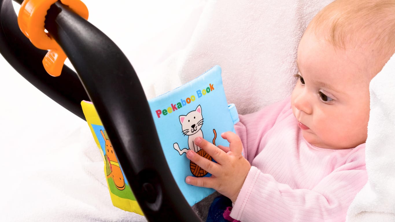 Baby mit Stoffbilderbuch: Im Test bestanden viele Stoffbilderbücher die Prüfung nach der Spielzeugnorm nicht. (Symbolbild)