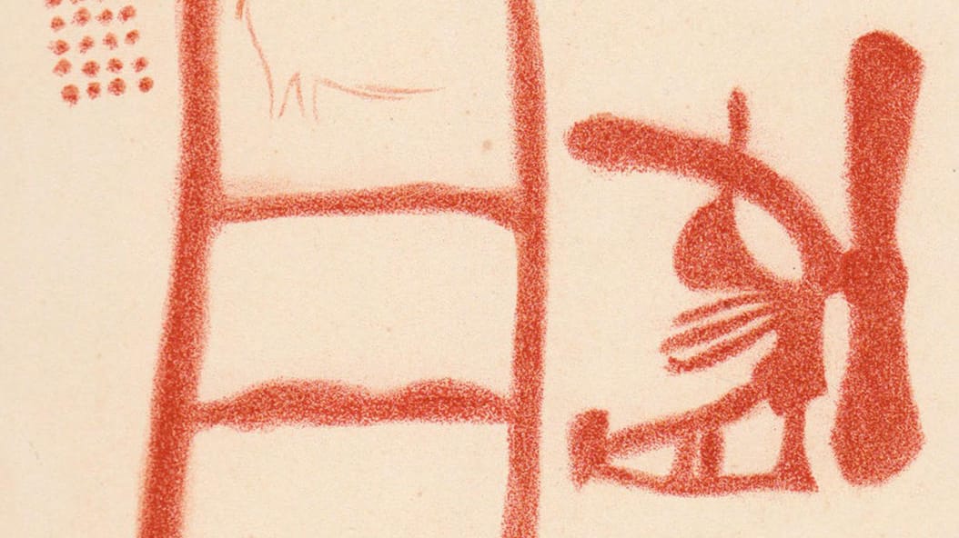 Ein Ausschnitt aus der Zeichnung in einer Höhle: Das rote Symbol (Leiter) hat ein Mindestalter von 64 000 Jahren und stammt somit vom Neandertaler.