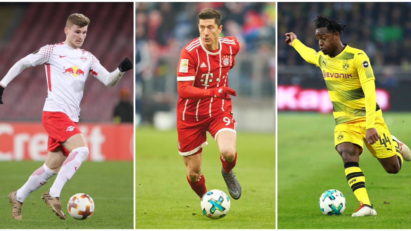 Werner, Lewandowski und Batshuayi (v. li.): Die Stürmer der Bundesliga haben unterschiedliche Stärken.
