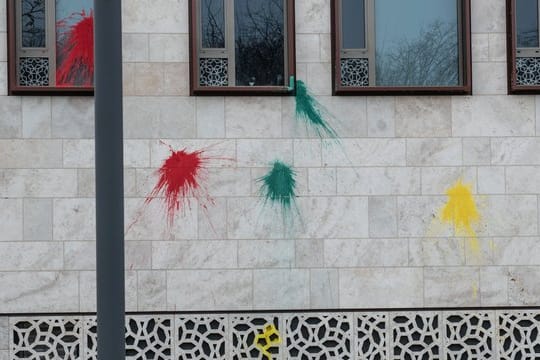 Mehrere Farbbeutel wurden gegen die Fassade geworfen.
