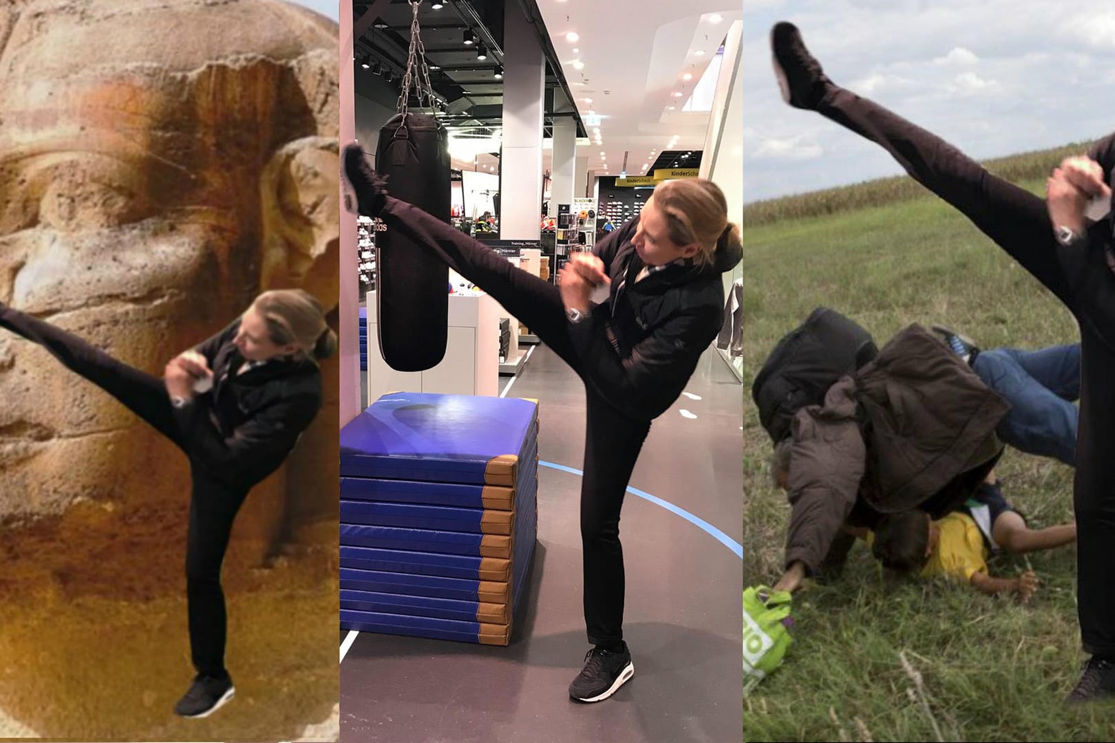 Tritt aus: Alice Weidel im Originalfoto (Mitte) und auf Fotomontagen beim Kick gegen die Nase der Sphinx und im Kampf mit einem Flüchtling.