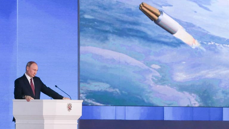 Wladimir Putin bei seiner Rede zur Lage der Nation: Putin hat diverse neue Raketensysteme der russischen Armee vorgestellt.