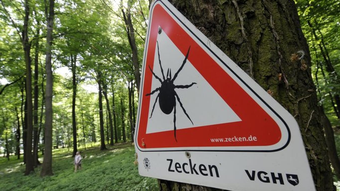 Vor Zecken wird mit einem Schild in einem Waldgebiet südlich von Hannover gewarnt.