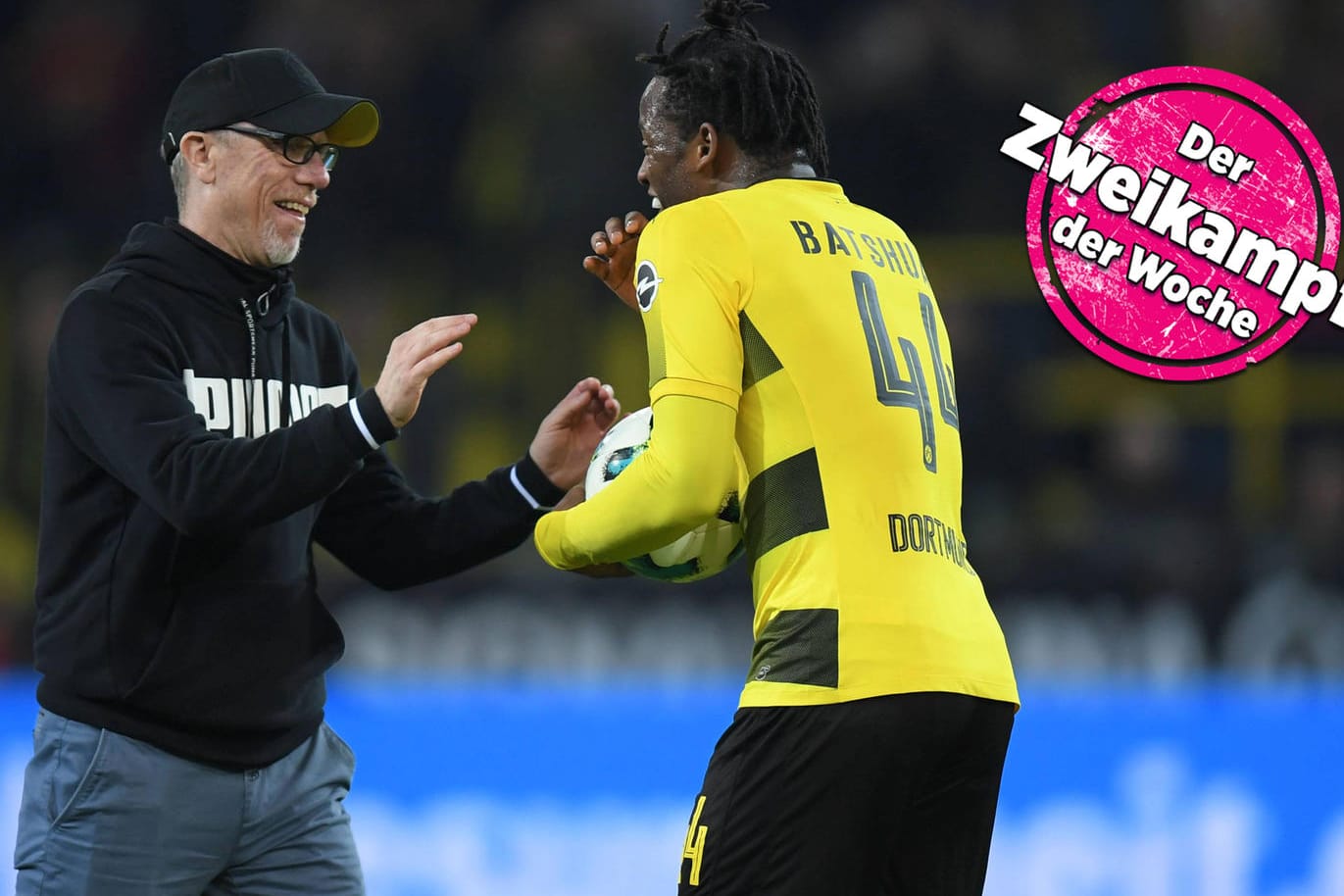 Erleichtert: Peter Stöger mit dem Doppel-Torschützen Michy Batshuayi nach dem 3:2-Sieg gegen Eintracht Frankfurt.