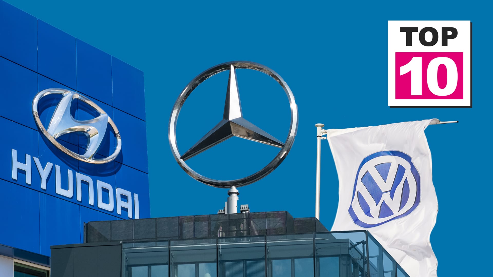 Drei erfolgreiche Automarken: Hyundai, Mercedes und VW.