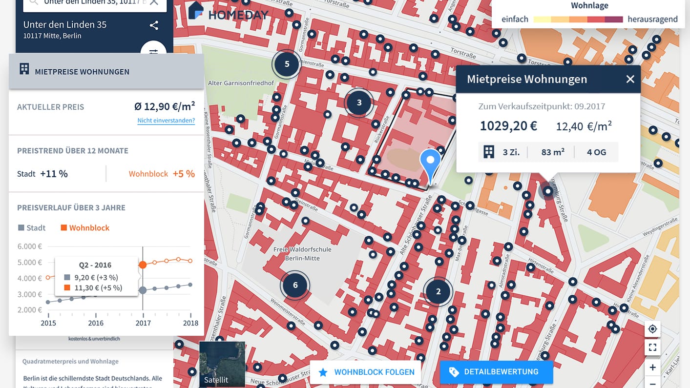 Interaktiver Preisatlas: Wenn Sie eine Adresse in die Suchmaske eingeben, erhalten Sie für eine Mietwohnung den aktuellen Monatsmietpreis, einen Preistrend und die Attraktivität der Wohnlage.