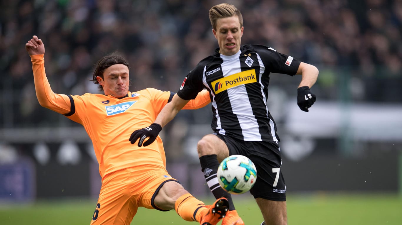 Borussia-Park: Gladbachs Patrick Herrmann (rechts) und Hoffenheims Nico Schulz kämpfen um den Ball.