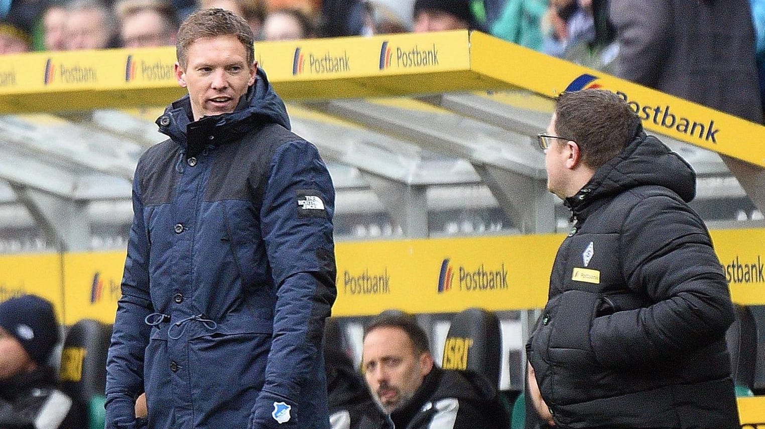Konfrontation: Nagelsmann (li.) und Eberl im Spiel am Samstag.