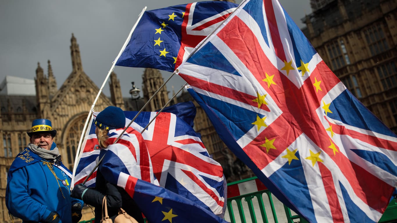 Anti-Brexit Demonstranten vor dem "House of Commons": Laut dem britischen Brexit-Ausschuss muss der EU-Austritt womöglich verschoben werden.