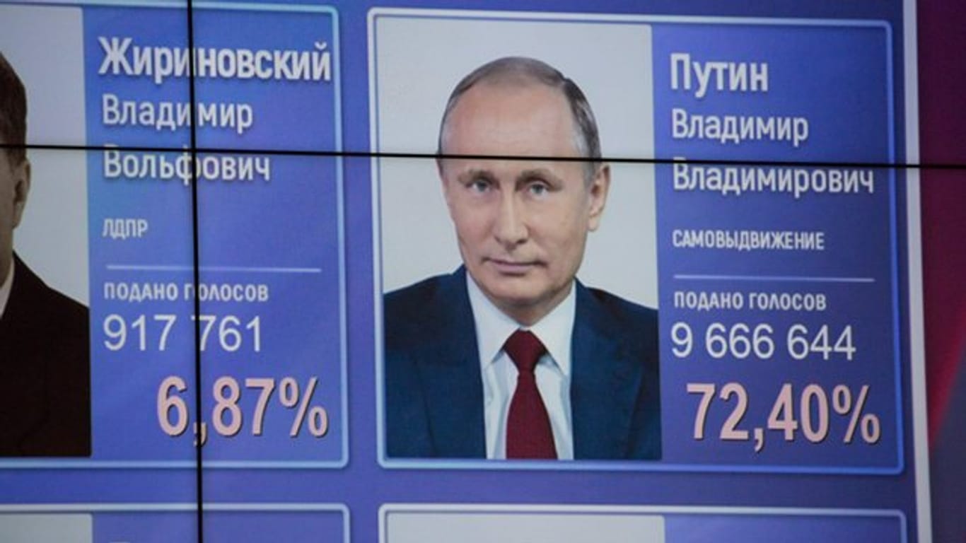 In Moskau werden während einer Pressekonferenz der russischen Zentralen Wahlkommission Ergebnisse angezeigt.