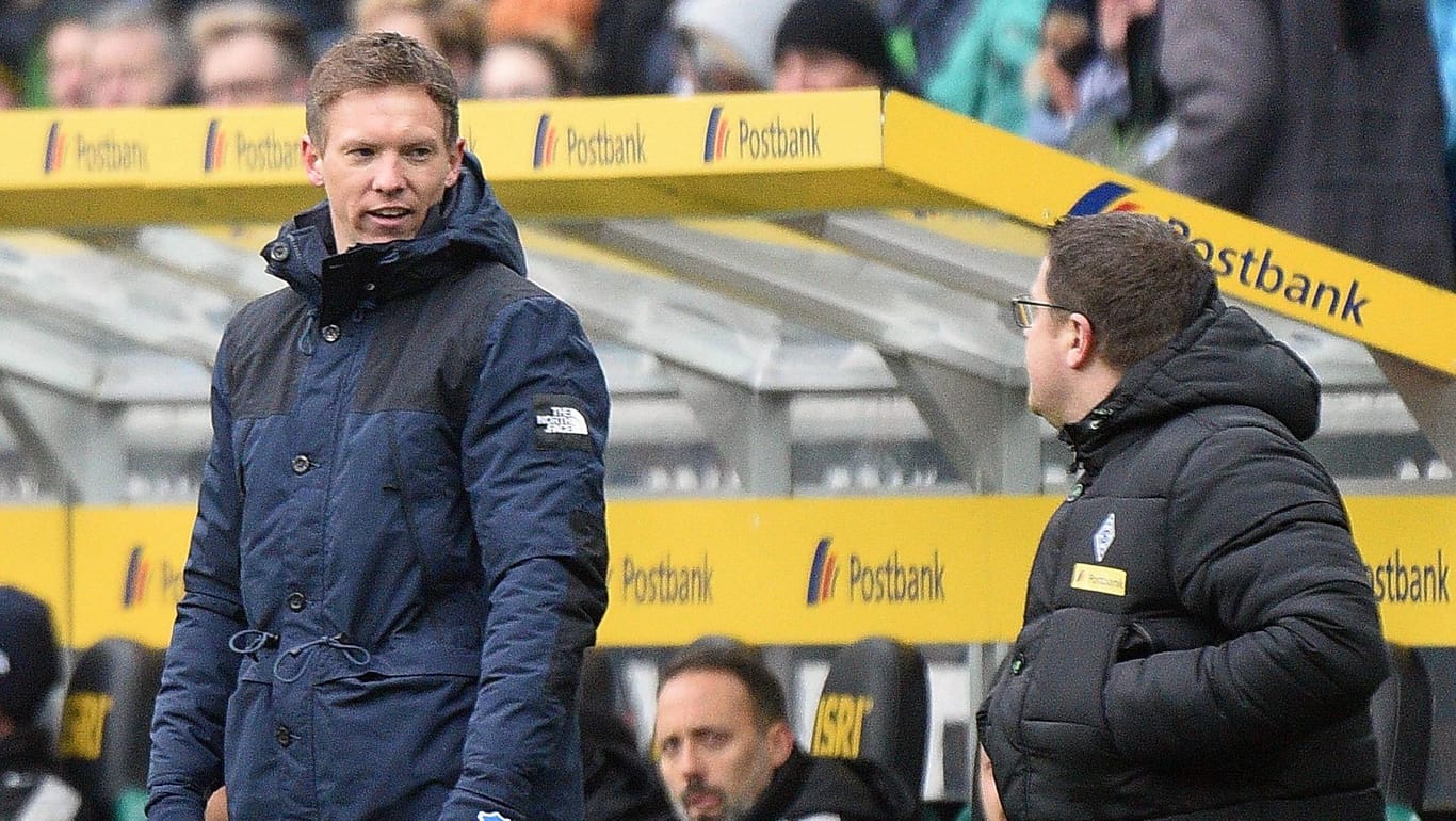 Julian Nagelsmann (l.) und Max Eberl: Der Gladbach-Manager (r.) beleidigte den Hoffenheim-Coach und entschuldigte sich danach.