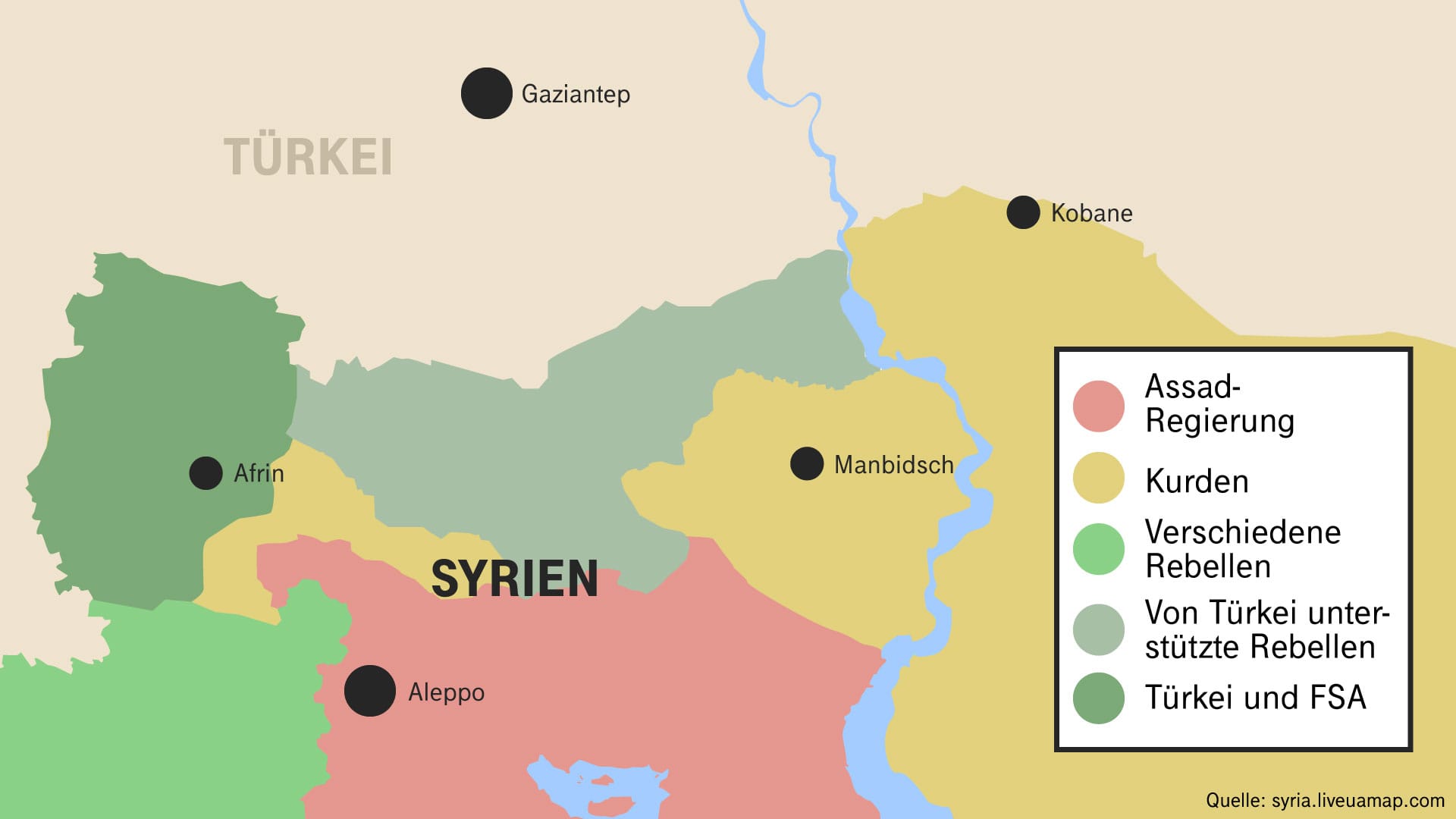 Das Kriegsgebiet in Nordsyrien nach der Eroberung von Afrin durch die Türkei und durch verbündete Rebellen.