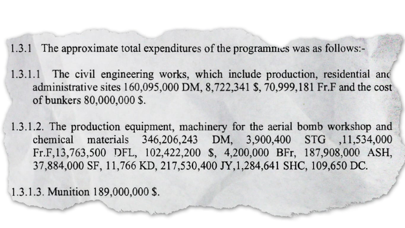 Zahlungen in diversen Währungen: Die Auflistung über das finanzielle Volumen des Irak für sein Chemiewaffen- und Raketenprogramm zwischen 1981 und 1989.