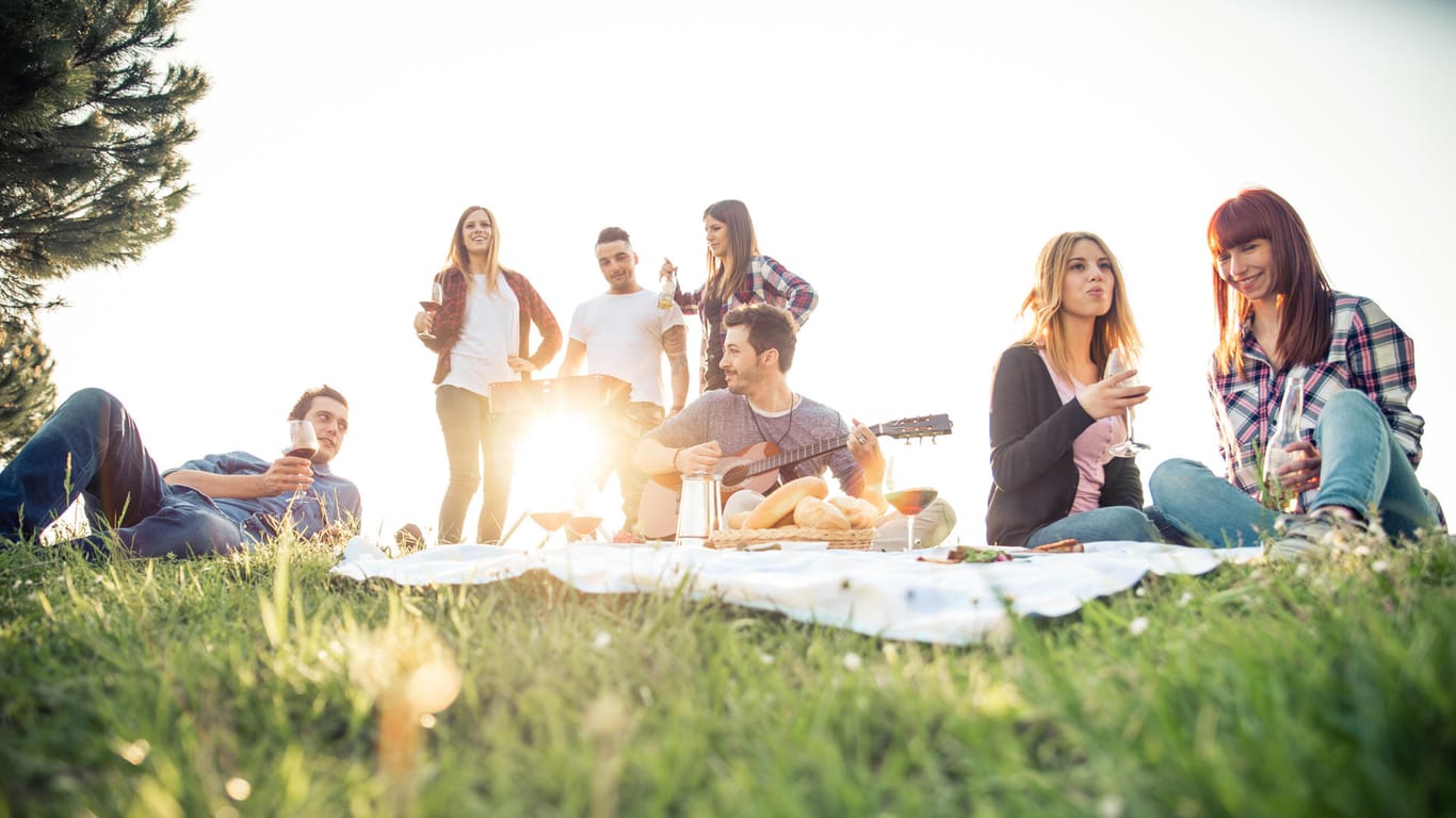 Eine Gruppe von Freunden picknickt: Forscher fanden heraus, dass Erwachsene durch die Sommerzeit im Schnitt eine halbe Stunde länger draußen ihre Freizeit genießen