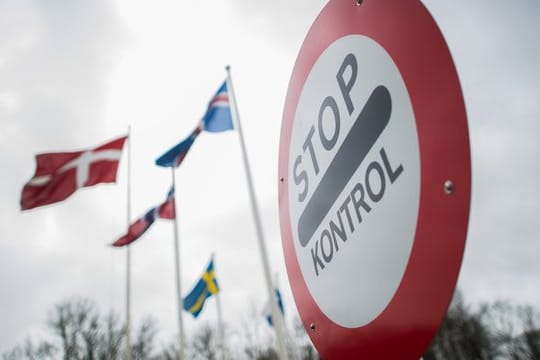 Auf einem Schild steht "Stop – Kontrol", im Hintergrund wehen Flaggen skandinavischer Ländern: Dänemark will einen Zaun an der deutsch-dänischen Grenze errichten lassen, um sich vor der Afrikanischen Schweinepest zu schützen.