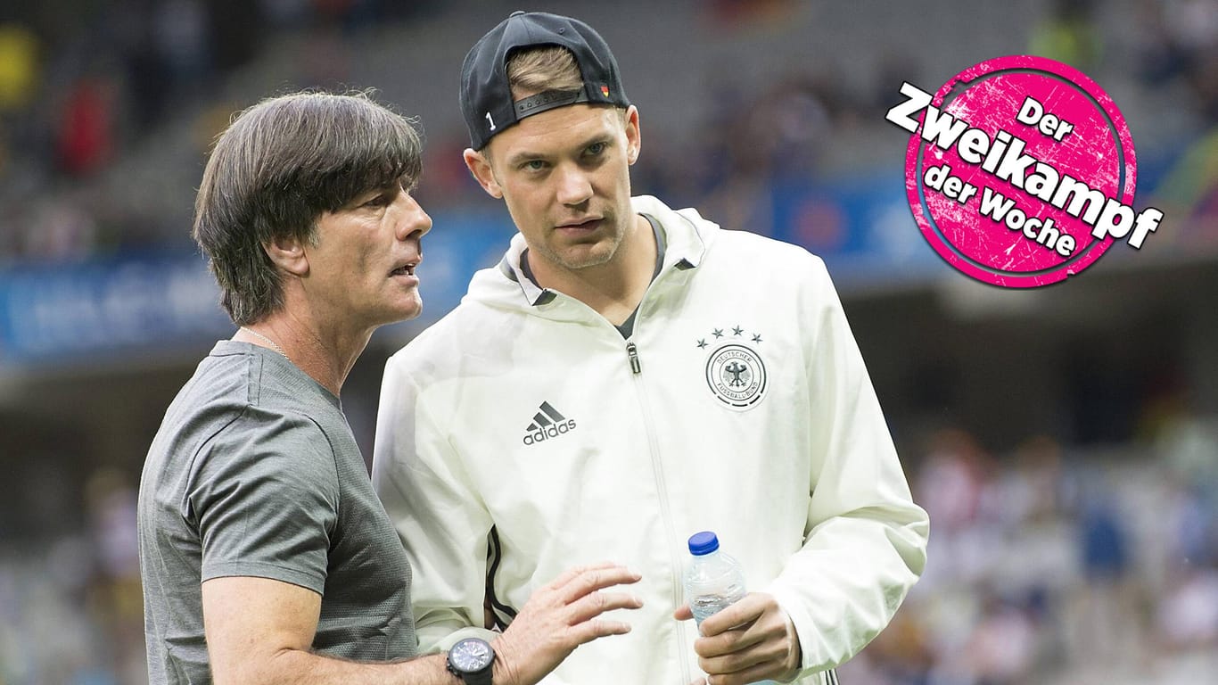 Löw mit seinem Kapitän Manuel Neuer. Der Bundestrainer ist optimistisch und will ihm einen Platz im WM-Kader freihalten – aber wie lange?