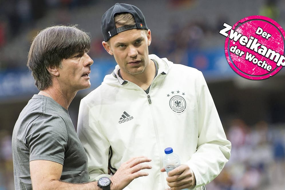 Löw mit seinem Kapitän Manuel Neuer. Der Bundestrainer ist optimistisch und will ihm einen Platz im WM-Kader freihalten – aber wie lange?