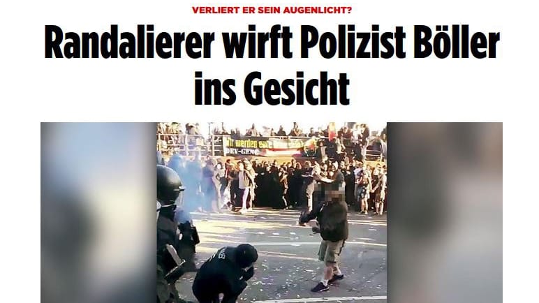 Falsch in der Bild: Das im Original unverpixelte Foto zeigte keinen gesuchten Randalierer, es gab keine schwere Augenverletzung.