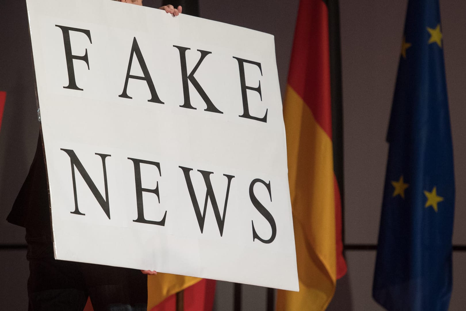 Oft nicht so offensichtlich: Ein Mann trägt ein Schild mit der Aufschrift "Fake News". Eine Studie analysiert, wie groß solche Meldungen vor der Bundestagswahl herausgekommen sind.