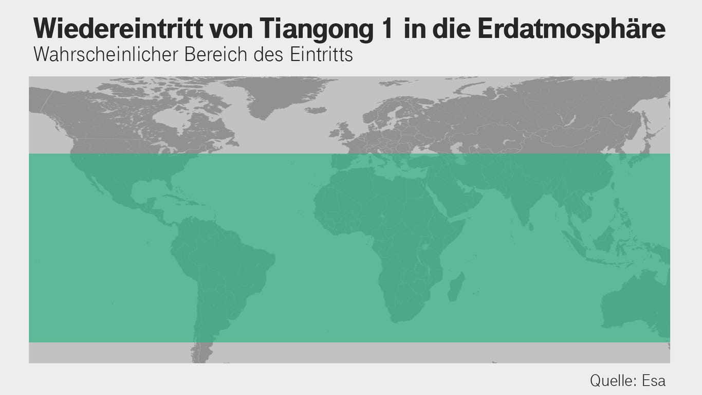 Der grün-eingefärbte Bereich zeigt, wo Teile von Tiangong 1 wahrscheinlich auf die Erde treffen werden.