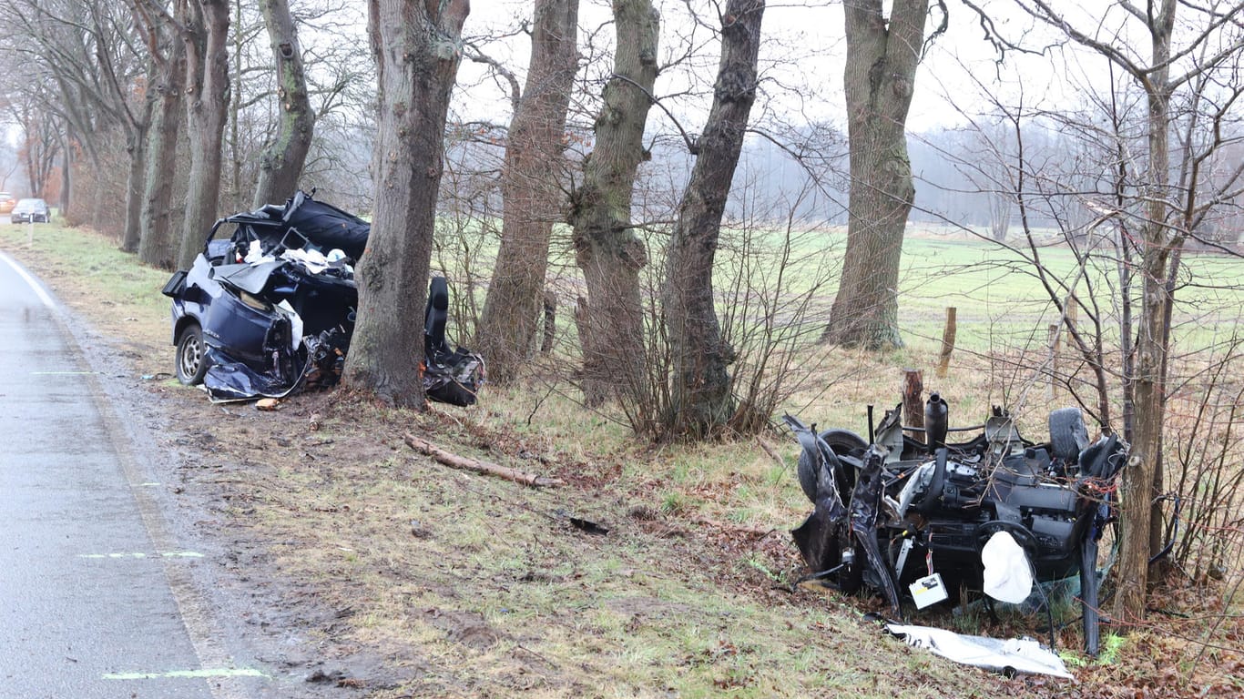 Das in zwei Teile gerissene Auto an der Unfallstelle in Niedersachsen: Für die drei jungen Insassen des Wagens kam jede Hilfe zu spät.
