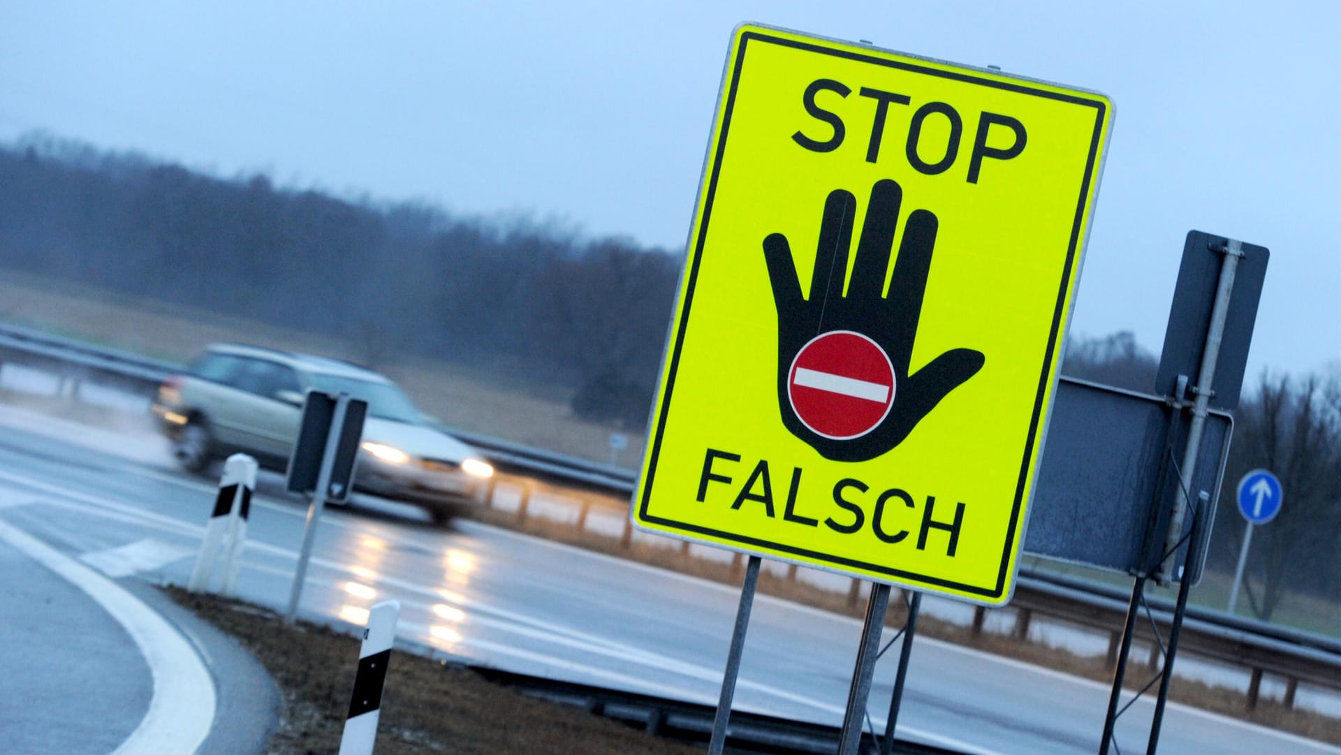 Ein Schild mit der Aufschrift "Stop Falsch" steht an einer Autobahn: Ein Rentner ist auf dem Weg zum Tierarzt als Geisterfahrer aus dem Verkehr gezogen worden. (Symboldbild) Ein Schild mit der Aufschrift "Stop Falsch" steht an einer Autobahn: Ein Rentner ist auf dem Weg zum Tierarzt als Geisterfahrer aus dem Verkehr gezogen worden. (Symboldbild)