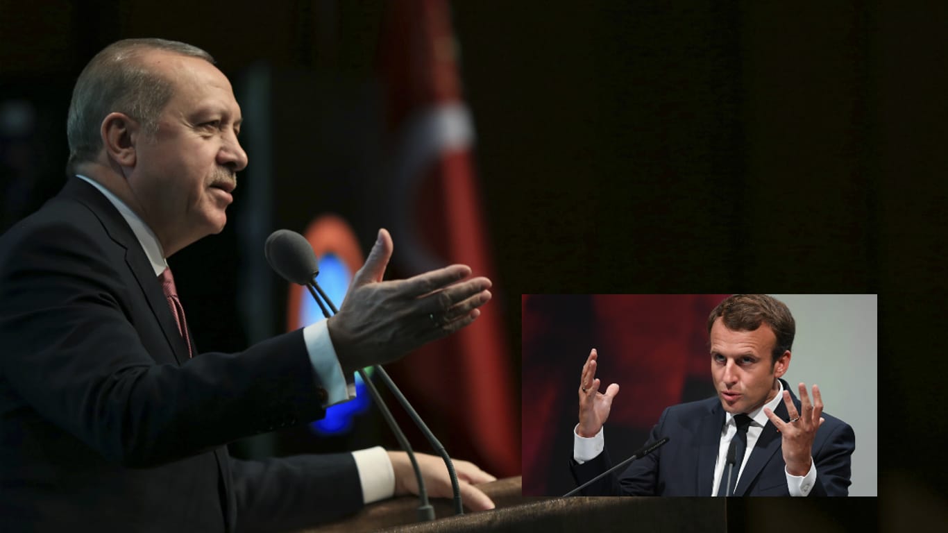 Die Bildkombination zeigt den türkischen Präsidenten Erdogan und seinen Amtskollegen in Frankreich Macron: Erdogan hat Frankreich nach dessen Vermittlungsversuch mit den Kurden scharf kritisiert.