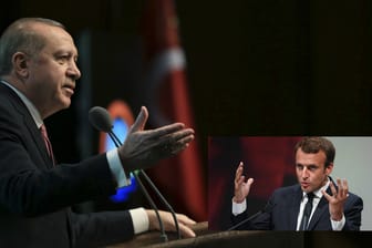 Die Bildkombination zeigt den türkischen Präsidenten Erdogan und seinen Amtskollegen in Frankreich Macron: Erdogan hat Frankreich nach dessen Vermittlungsversuch mit den Kurden scharf kritisiert.