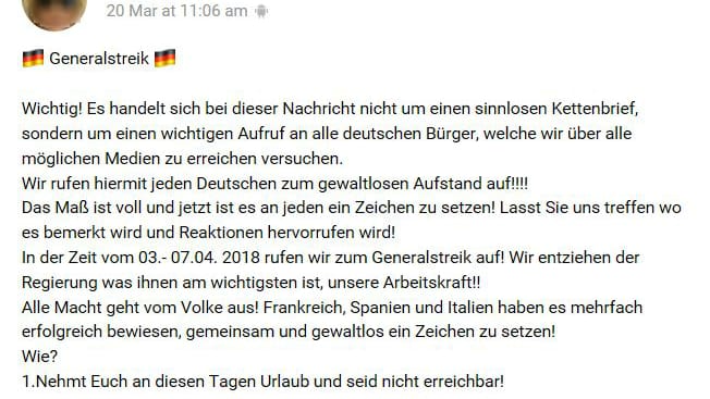 Vorläufiges Ende der Spurensuche: Das ist das erste von t-online.de gefundene Posting mit dem Streikaufruf. Eine Frau verbreitete den Streikaufruf. Sie antwortete nicht auf Nachfragen.