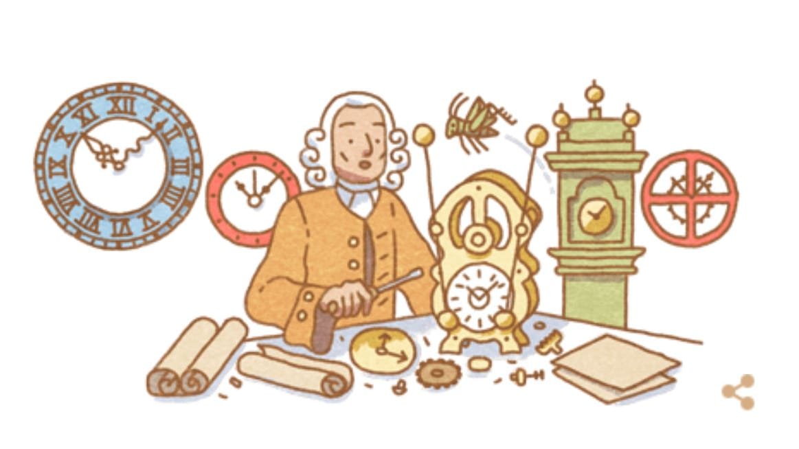 Google Doodle zu John Harrison: Der britische Uhrmacher und Erfinder bei der Arbeit zwischen seinen Uhren.