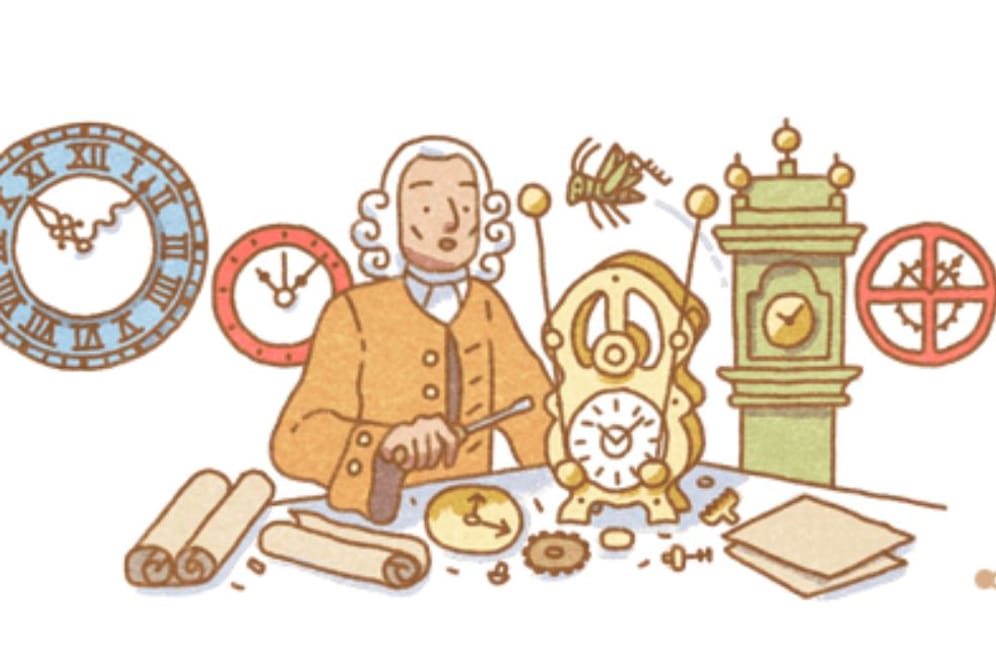 Google Doodle zu John Harrison: Der britische Uhrmacher und Erfinder bei der Arbeit zwischen seinen Uhren.