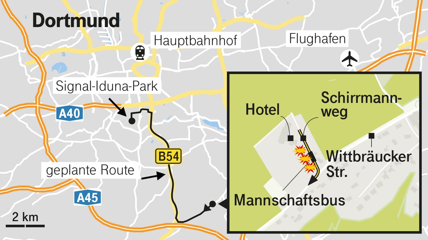 Anschlag auf den BVB-Bus: Drei Sprengsätze explodieren kurz nach der Abfahrt vom Mannschaftshotel.